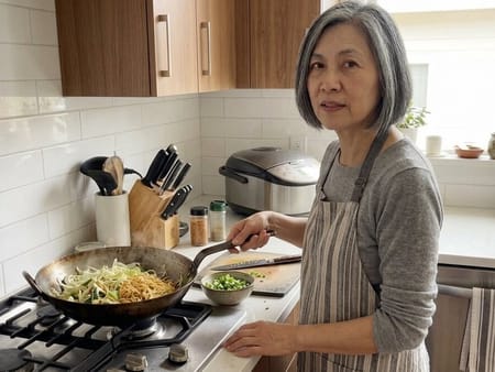 Auntie Fong seated at a kitchen table with a plate of chow mein