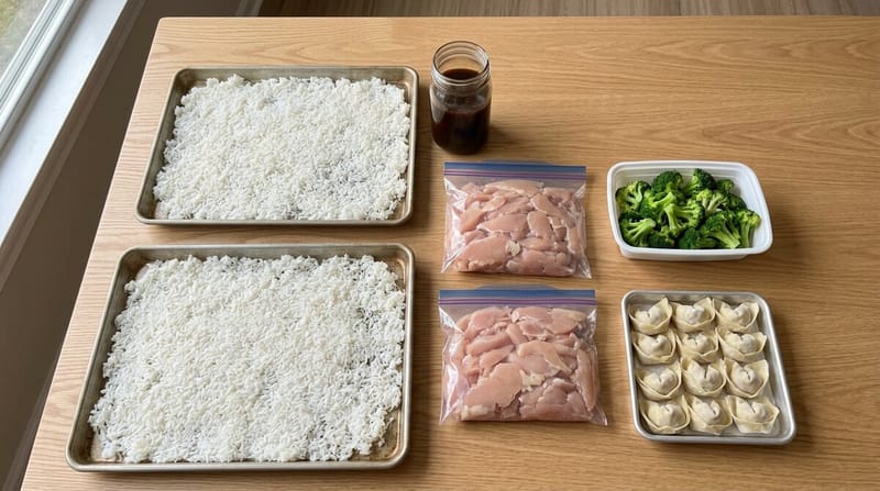 Sunday prep on a table: two trays of cooked rice, a jar of sauce, bagged sliced chicken, blanched broccoli, and folded wontons