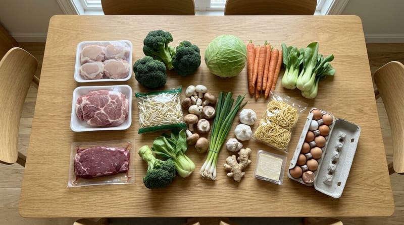 One grocery trip laid out on a table: chicken thighs, pork, flank steak, broccoli, cabbage, carrots, bok choy, mushrooms, scallions, garlic, ginger, egg noodles, tofu, eggs