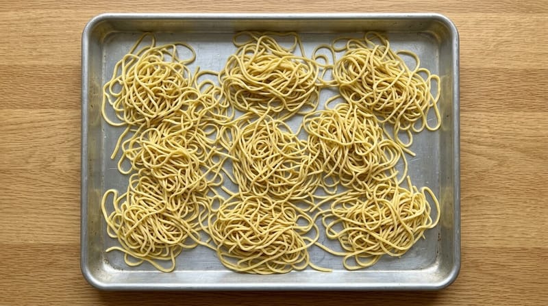 Nests of parboiled egg noodles drying on a sheet tray