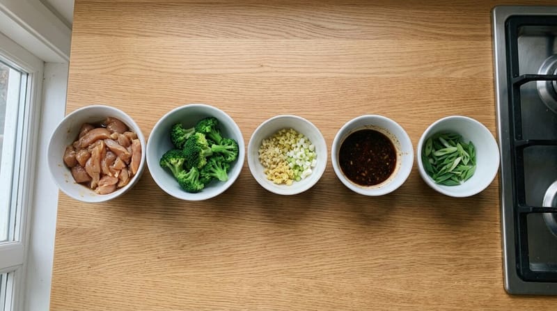 Five small bowls in a row beside a gas burner: sliced chicken, broccoli, ginger and garlic, mixed sauce, scallions