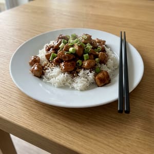 Bourbon chicken over rice