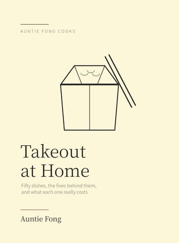 Cover of Auntie Fong Cooks: Takeout at Home, pale yellow, line-drawn takeout box